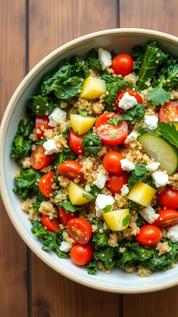 A vibrant bowl of Mediterranean kale and quinoa salad with tomatoes, cucumber, feta, and parsley on a rustic table.